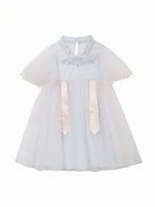 mini bala Girls'  New Chinese Style Net Bubble Sleeve Dress - Blue - View 4