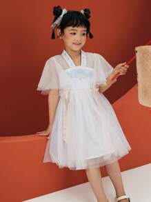 mini bala Girls'  New Chinese Style Net Bubble Sleeve Dress - Blue - View 3