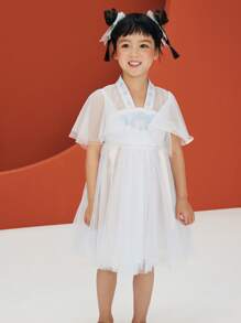 mini bala Girls'  New Chinese Style Net Bubble Sleeve Dress - Blue - View 1