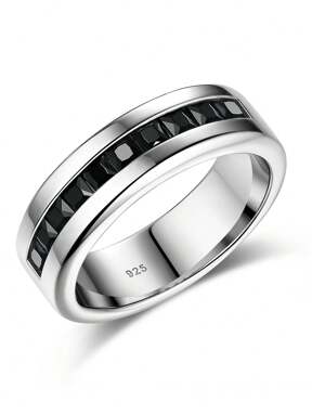 AIHUASI 1 Stück 925 Sterling Silber Herren Hochzeitsring 1Ct 10 Große Princess Cut 5A Schwarze Kubikzirkon Verlobungsring für Ihn, Vintage Edel Schmuck Geschenk