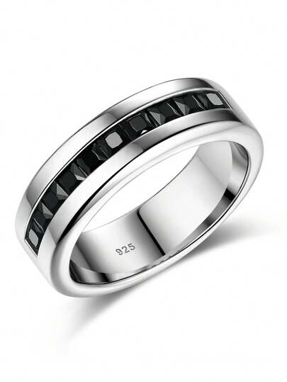 AIHUASI 1 pieza Anillo de boda de hombre de plata esterlina 925 1Ct 10 gran corte de princesa 5A Cubic Zirconia negro Anillo de promesa vintage para él Regalo de joyería fina