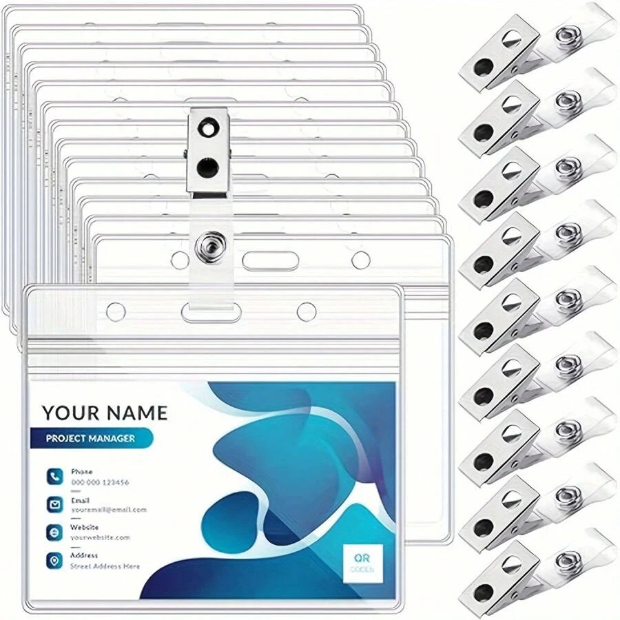 透明な水平名札IDカードホルダー、バッジクリップと金属クリップ10セット付き、金属クリップ付きの防水IDバッジクリップ SHEIN JAPAN