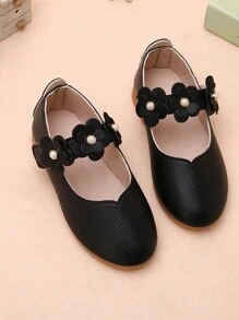 嬰幼女童時尚第一步花卉軟底鞋，圓頭扁平寶寶女鞋 - 黑色 - 查看 4