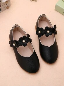 嬰幼女童時尚第一步花卉軟底鞋，圓頭扁平寶寶女鞋 - 黑色 - 查看 2