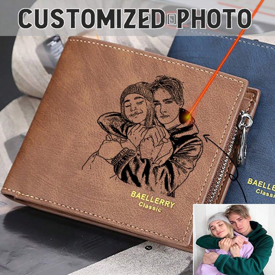 1 件定制照片钱包，男士短款钱包，带多个卡槽，拉链钱包，情侣礼物，送给父亲、男朋友和同学的礼物，双折皮革零钱包，横向时尚钱包，卡夹，耐用、可爱、迷人、色彩鲜艳、时尚、男女通用、休闲、时髦、定制、个性化、独特、定制、送给他的理想礼物、送给她、男朋友、女朋友、家人、朋友、祖父母、孩子、她、周年纪念、生日、婚礼、毕业典礼、乔迁之喜 - 正面圖片客製化 - 查看 1