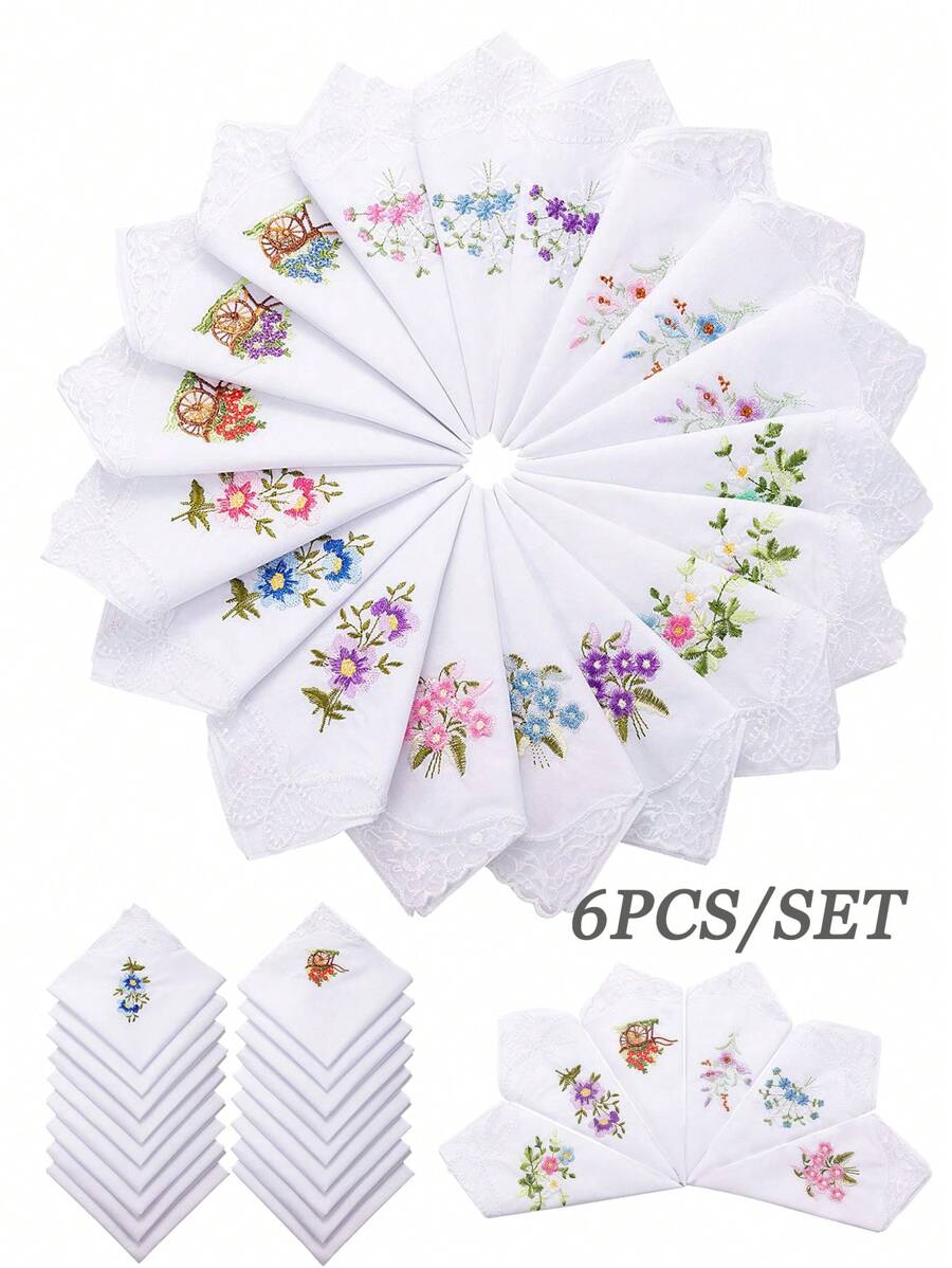 6pcs/Packet Ladies Handkerchiefs Flower Embroidered With Lace Colored Embroidered Handkerchiefs For Women Multicoloured, Women's Decorative Square, Table Handkerchief, Wedding Event Napkin Handkerchief Valentine's Day Valentines
