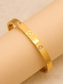 Bộ 4 món trang sức cao cấp bằng thép không gỉ đính đá Cubic Zirconia hình cỏ bốn lá, bao gồm vòng tay, bông tai và nhẫn dành cho nữ. - Màu vàng - Xem 5