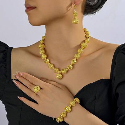 5pcs Dubai African Beaded Necklace Earrings Jewelry Set, 24K Gold Plated Nigerian Bridal Wedding Party Gift Jewelry For Women