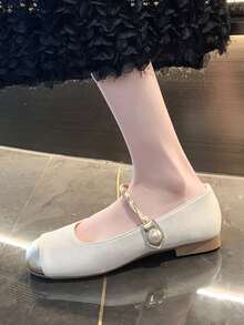 法式复古中式女鞋，高端旗袍款式，方形扣，低鞋面，拼色高跟鞋 - 米色 - 查看 4