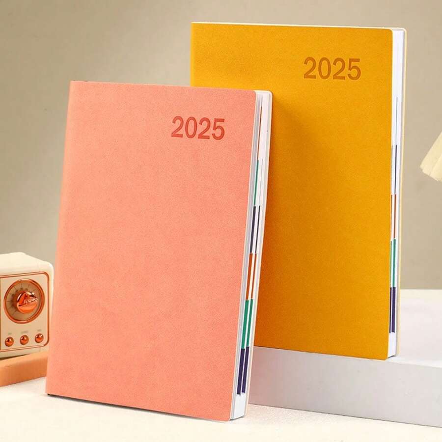 A5 Size 2025 Leather Embossed Planner With 8.26 Inch/5.7 Inch Thick Language Inner Pages, Bookmarks And Language Index, Suitable For Daily Life, Office And School, With Extra Thick Pages That Can Record Your Plan For The Whole Year - Multicolor - View 1