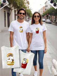 Playeras para parejas, kit Duo, Dos piezas, estampado dibujo animado , papas gatos enamorados, comida date, disfraz, playera basica , novios, hermanos, esposos, amigos, basico, casual - Blanco - Ver 1