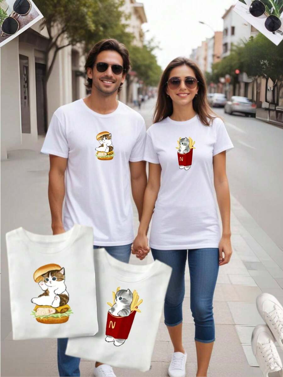 Playeras para parejas, kit Duo, Dos piezas, estampado dibujo animado , papas gatos enamorados, comida date, disfraz, playera basica , novios, hermanos, esposos, amigos, basico, casual - Blanco - Ver 1