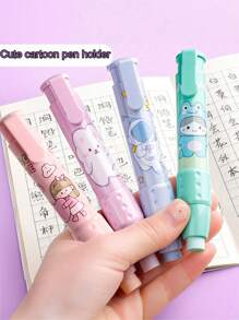 1套推出橡皮擦,綠色/藍色/粉紅色/紫色,包括1個橡皮擦座和2個橡皮擦芯,適合小學生,可愛的卡通設計,乾淨且延伸使用 - 粉色 - 查看 2