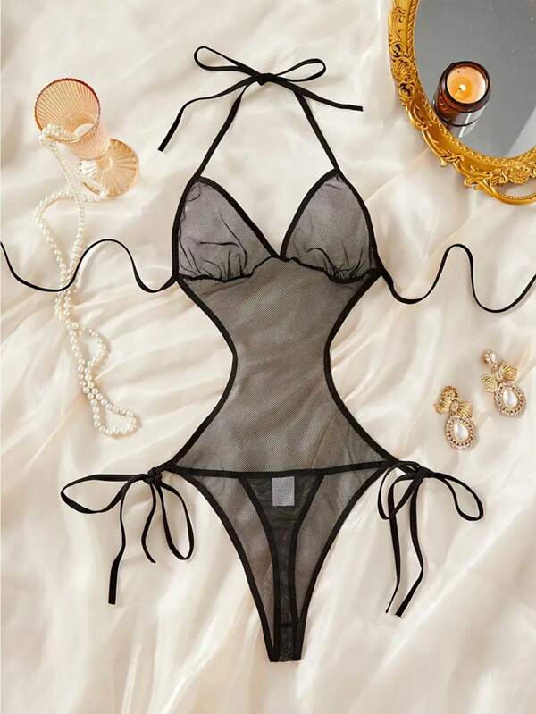 1 pieza Conjunto de lencería sexy de malla con cordón para mujer, body transparente y entallado, mono de una pieza, perfecto para nadar, lunas de miel, aniversarios, citas, noches románticas