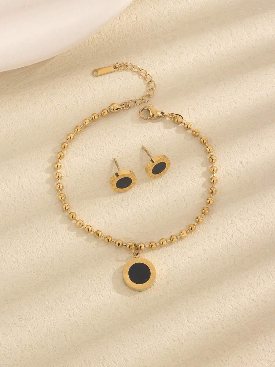 3 chiếc thép không gỉ thời trang màu đen hạt vòng tay bông tai Bộ trang sức để đeo hàng ngày - Vòng tay + bông tai vỏ sò màu đen La Mã - Xem 1