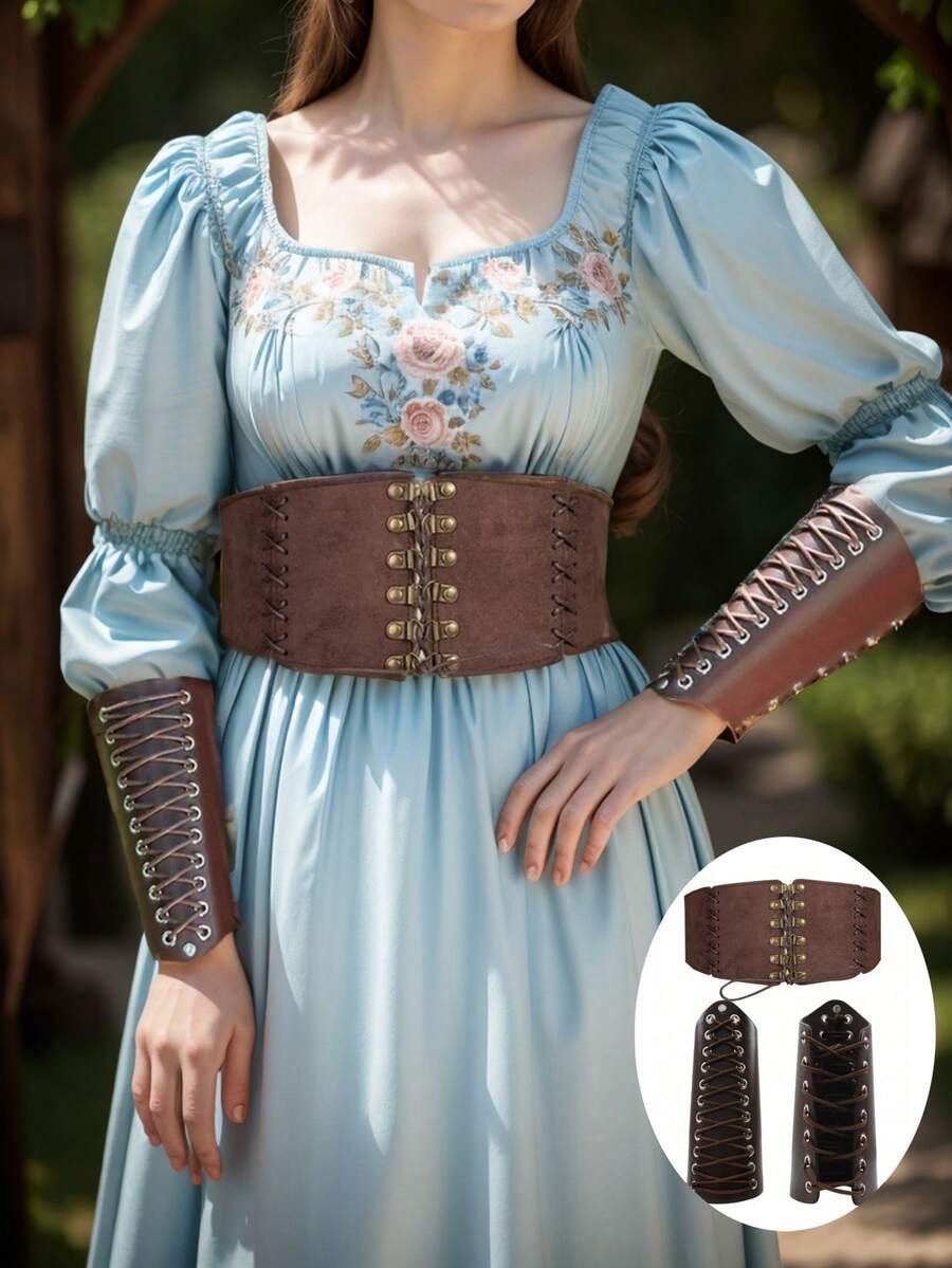 3PCS Clothing Accessories During The Medieval Renaissance Period  Retro Adjustable Strap Wrist Guard   Punk Leather Waist Cover   Suitable For Stage Role-Playing Props - Brown - View 1