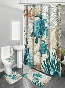 1 件装涤纶面料浴帘，带海洋、海龟、海藻印花，防水防霉浴室隔断帘 / 3 件装防水浴帘套装