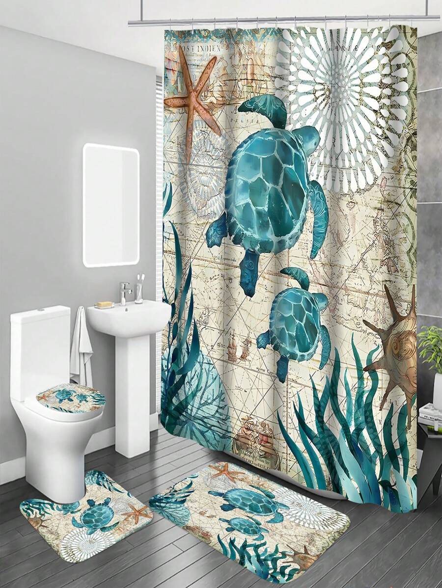 1 件装涤纶面料浴帘，带海洋、海龟、海藻印花，防水防霉浴室隔断帘 / 3 件装防水浴帘套装