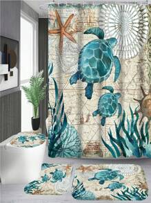 1 件装涤纶面料浴帘，带海洋、海龟、海藻印花，防水防霉浴室隔断帘 / 3 件装防水浴帘套装