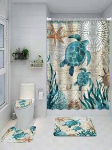 1 件装涤纶面料浴帘，带海洋、海龟、海藻印花，防水防霉浴室隔断帘 / 3 件装防水浴帘套装