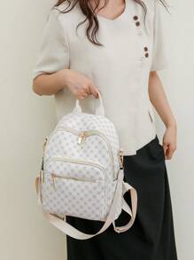 女士时尚三叶草翻盖背包，PU 皮革单肩包，手提包，学生书包，通勤包 - 白色 - 查看 2