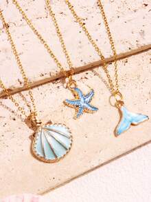 Conjunto de 3 piezas de collar colgante con concha de mar, estrella de mar y cola de sirena con estilo de vacaciones de playa para mujeres - Azul - Ver 4