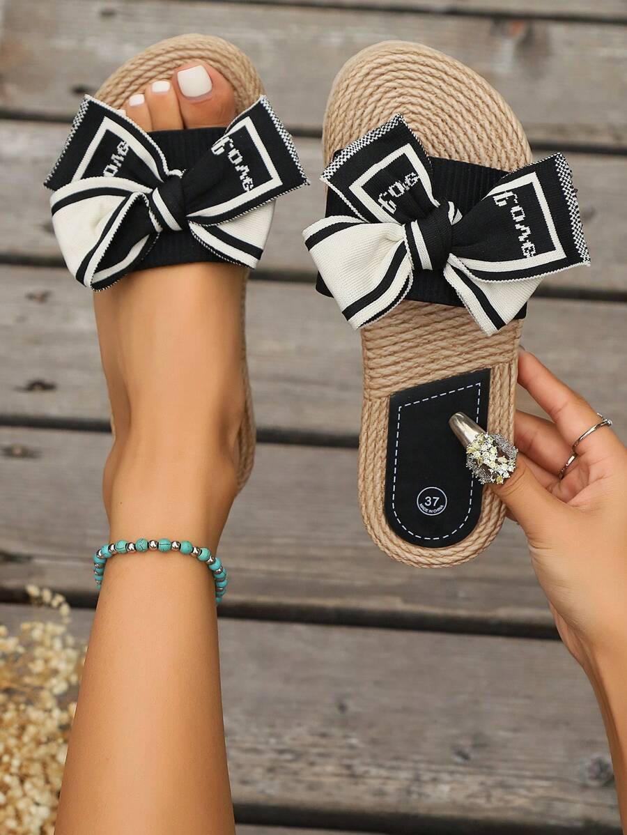 女士黑白波点蝴蝶结拖鞋，时尚方头露趾平底拖鞋，休闲凉拖，春夏穿搭