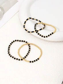4pcs Fashionable Handmade Black Crystal Beaded Mini Bracelet Set For Women, Perfect For Holidays, Parties And Festival Gifts - Multicolor - View 3
