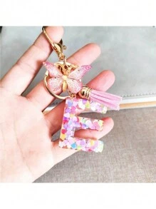 1个字母钥匙扣吊坠，树脂字母钥匙扣钱包包包配饰，带蝴蝶吊坠和流苏，送给爱人的最佳礼物，字母款式随机 - 粉色 - 查看 3
