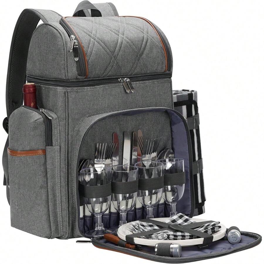 Picnic Backpack For 4, Picnic Basket Set, Leakproof Picnic Bag, Beach Cooler Backpack With Insulated Cooler Wine Pouch,Picnic Blanket, Double Deck Picnic Backpack For Beach,Camping,Park(Grey) - Xám - Xem 1