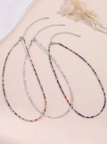 3pcs Handmade Beaded Women's Necklace Set, Bohemian Style Beach Pearl Collarbone Chain