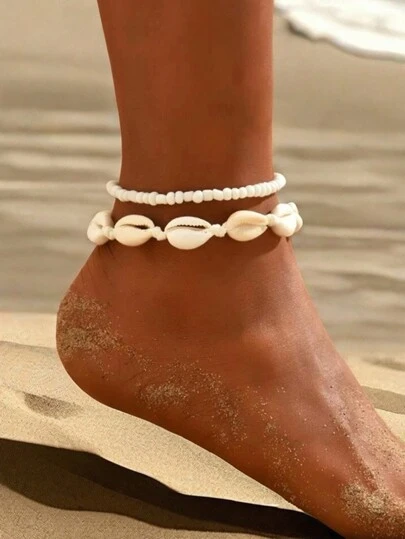 2pcs Shell Beaded Anklet, Suitable For Daily Wear