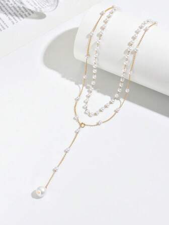 1 st Guld Y-formad design lagerhalsband, detaljer dekorerade med strass och konstpärlor, lämplig för dagligt slitage av kvinnor, vänskapspresenter, bankettfester (handgjord kedja skuren i storlek, variabelt antal pärlor, varierande storlek på strass)