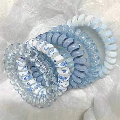 5pcs/Set Transparent Blue Spiral Hair Ties, Simple & Sweet Summer Hair Accessories For Ponytail Or Bun, High Elasticity & Non-Damaging Hair Ties Suitable For Daily Wear, Outdoor Activities, Commuting, Sports, Etc. Ponytail Holders Hair Elastics Hair Rubber Bands Scrunchies Hair Rope, Hair Bobbles Head Accessories Gym Sport Running Outfit