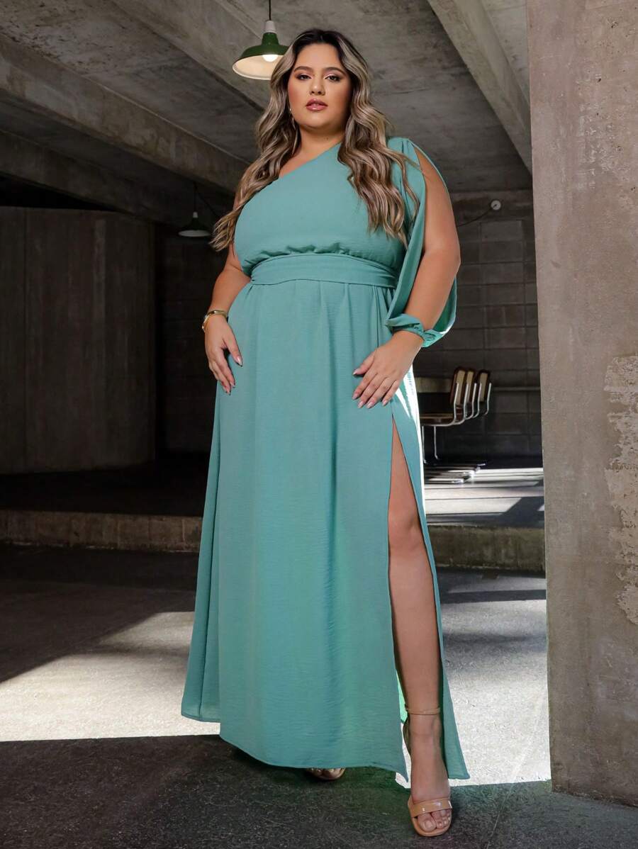 Women's Plus Size Long Dress With Single Sleeves And Slit And Delicate Belt - Mint Green - View 1