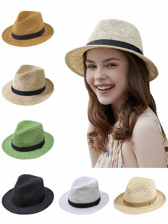 LEAJOURNO. 1頂春夏季英式卷邊爵士帽，男女情侶休閒經典草織海灘帽