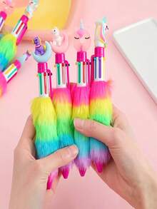 1pc Rainbow Plush Unicorn Toy Writing Pen, Cartoon Decoration, Button Press Stationery For Student Study, Journal Gift Accessory - Multicolor - View 5