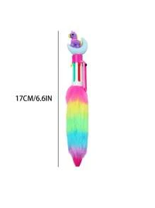 1pc Rainbow Plush Unicorn Toy Writing Pen, Cartoon Decoration, Button Press Stationery For Student Study, Journal Gift Accessory - Multicolor - View 2