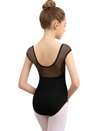 Tween Girl Cap Sleeve Ballet Leotard , V-Neck Mesh Hollow Back Toddler Full Front Lining