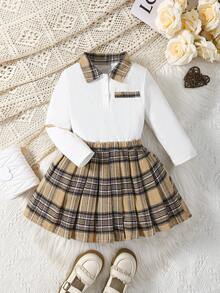 Conjunto de camisa polo blanca de manga larga con solapa de cuadros abierta en el pecho + falda plisada de estilo académico a cuadros para niñas - Multicolor - Ver 3