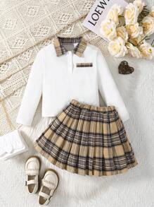 Conjunto de camisa polo blanca de manga larga con solapa de cuadros abierta en el pecho + falda plisada de estilo académico a cuadros para niñas - Multicolor - Ver 1