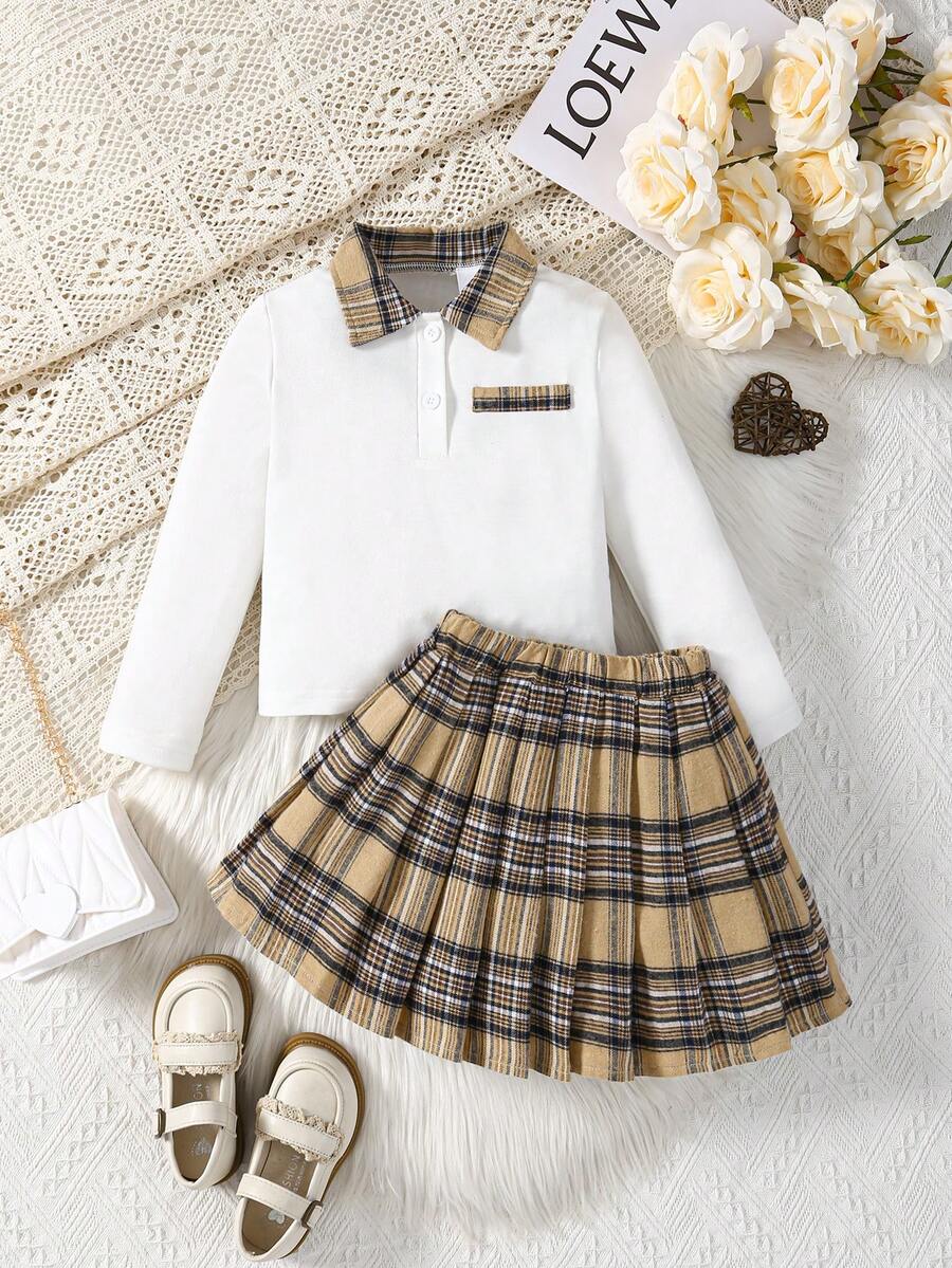 Conjunto de camisa polo blanca de manga larga con solapa de cuadros abierta en el pecho + falda plisada de estilo académico a cuadros para niñas - Multicolor - Ver 1