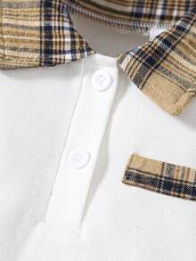 Conjunto de camisa polo blanca de manga larga con solapa de cuadros abierta en el pecho + falda plisada de estilo académico a cuadros para niñas - Multicolor - Ver 5