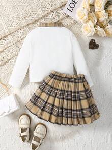 Conjunto de camisa polo blanca de manga larga con solapa de cuadros abierta en el pecho + falda plisada de estilo académico a cuadros para niñas - Multicolor - Ver 2