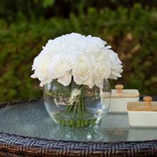 16 Heads Silk Rose Artificial Flowers In Vase Faux Rose Flowers Arrangement In Round Bowl Vase With Faux Water For Table Decor Centerpieces