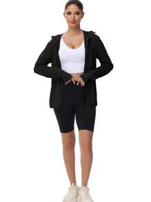 女士 UPF 50+ 轻便透气夹克，防晒户外钓鱼连帽衫，夏季 - 黑色 - 查看 2