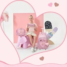 3PCS Cute Love Rolling Backpak For Girls Ribbon Bow Girls Trolley  Backpack For Primary School Backpack With Lunch Bag And Pen Bag The Best Gift For Girls - Pink - View 6