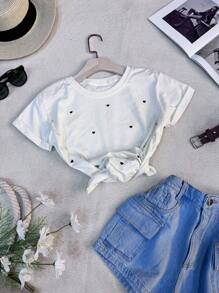 Camiseta blusa T-Shirt Feminina Algodão com bolinhas e pequenos corações, material de algodão casual e confortável