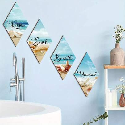 4 PCS Relax, Soak Up, Relax, Breathe Wood Wall Decoration With Double Sided Tape - Universal Hanging Figurine Ornament For Bathroom, Summer Beach Theme Wall Art Plaque Gifts Birthday Graduation