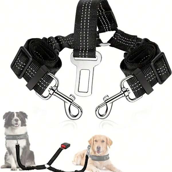 Cinturón de seguridad doble para perros, ajustable, con correa de vehículo y protección elástica a prueba de choques para el asiento de coche de mascotas